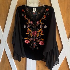 Ivy Jane Velvet  Black Top with Colorful Floral Embroidery